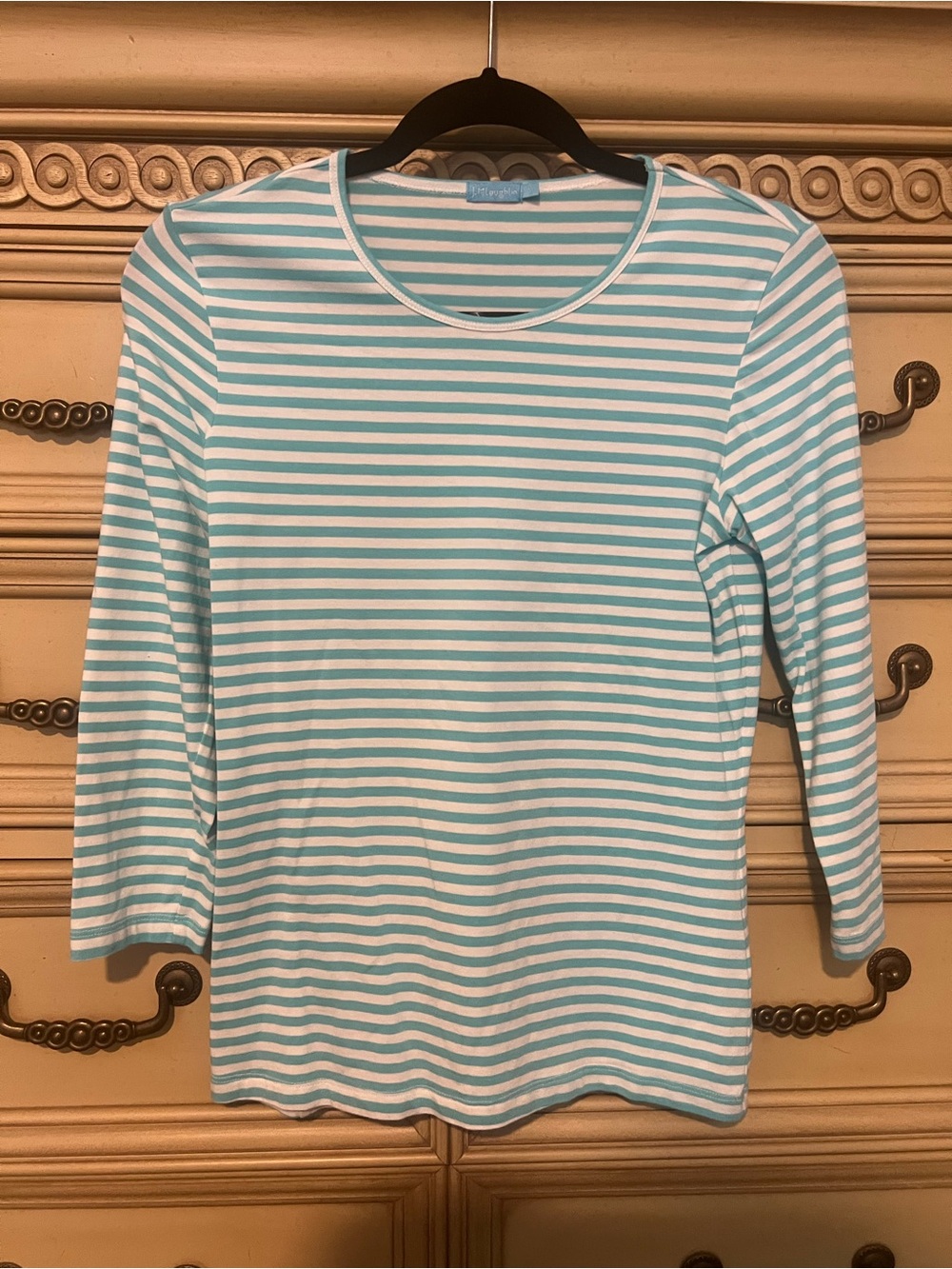 J McLaughlin Aqua Blue Striped Sinclair 3/4 Sleeve Shirt